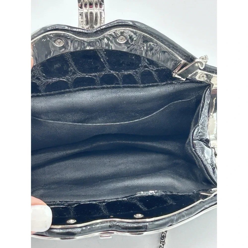 VTG. Black Patent Croc Embossed Clutch Rhinestone Floral Evening Bag Chain Strap